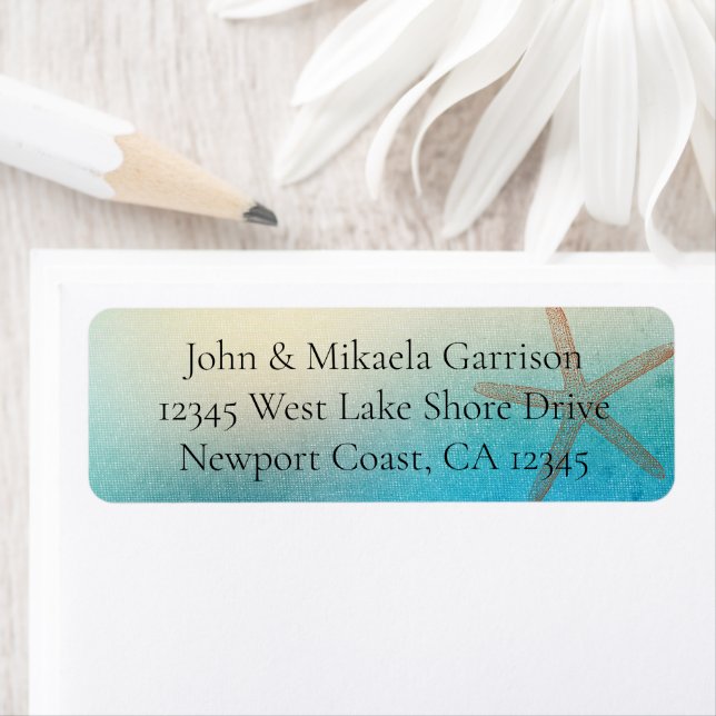 Turquoise White Aqua Blue Beach Starfish Wedding Label (Insitu)