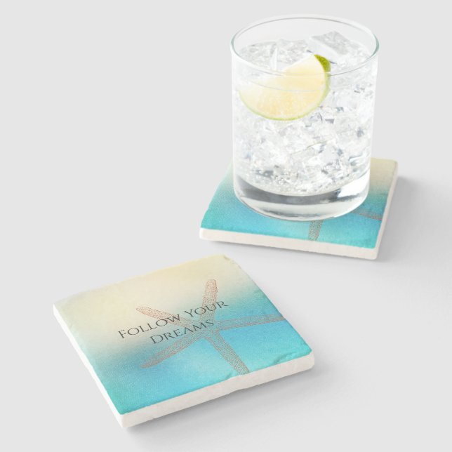 Turquoise White Aqua Blue Starfish Beach Stone Coaster (Side)