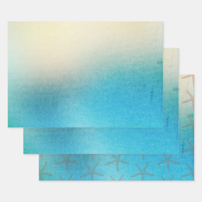 Turquoise White Aqua Blue Starfish Beach Wedding Wrapping Paper Sheets (Set)
