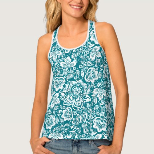 Turquoise  White Baroque Floral Damask Pattern Tank Top