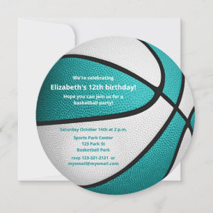 turquoise white basketball birthday party announcement