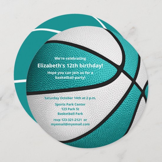 turquoise white basketball birthday party announcement