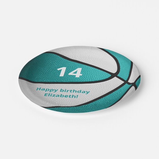 turquoise white basketball birthday party paper plate