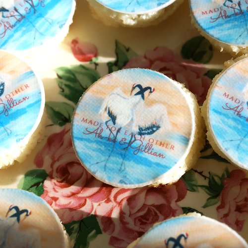 Turquoise White Beige Asian Tancho Cranes Edible Frosting Rounds