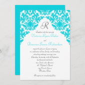 Turquoise, White, Black Damask Monogrammed Invite (Front/Back)