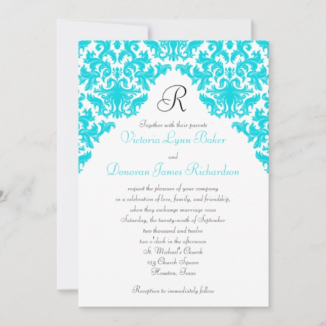 Turquoise, White, Black Damask Monogrammed Invite (Front)