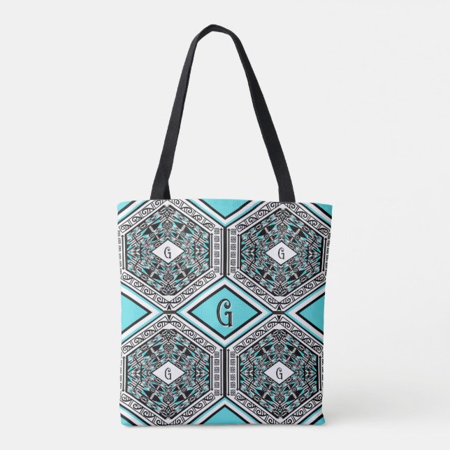 Turquoise, White & Black Tribal Tapestry Tote (Back)