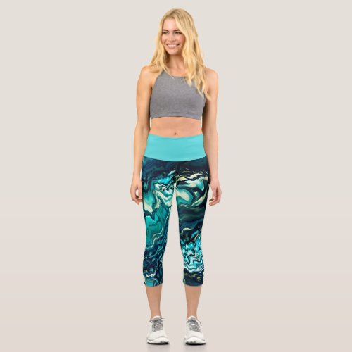 Turquoise White Blue Swirls Paint Pour Design Capri Leggings