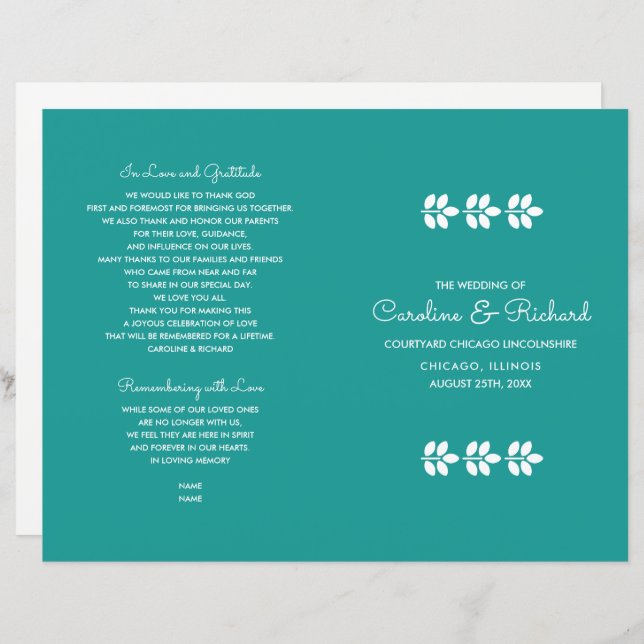 Turquoise White Branches Wedding Program (Front/Back)