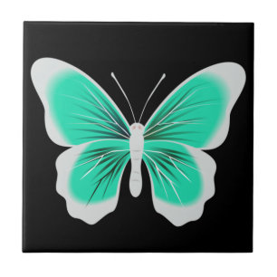 Turquoise white butterfly black background ceramic tile