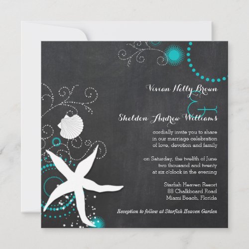 Teal, White Chalkboard Beach Wedding Invitations