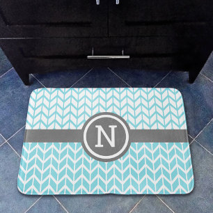Turquoise White Chevron Pattern Monogram Gray Bold Bath Mat