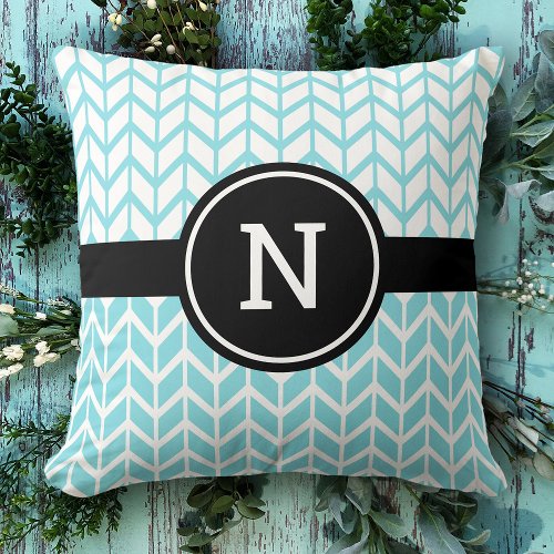 Turquoise White Chevron Pattern Monogram Modern Throw Pillow