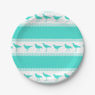 Turquoise White Coastal Sandpiper Bird Stripes Paper Plates