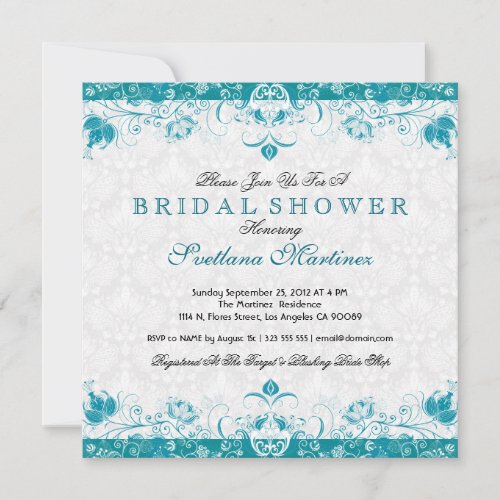 Turquoise &amp; White Damask Bridal Shower Invitation