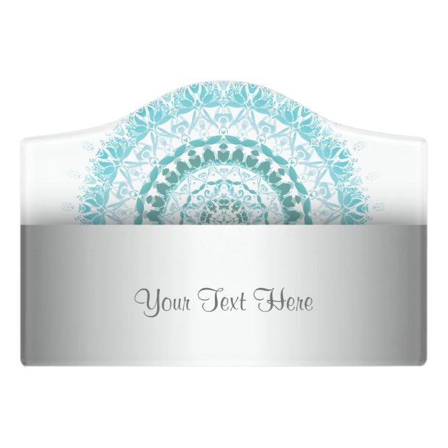 Turquoise White Damask Mandala Door Sign (Small Crest Front)