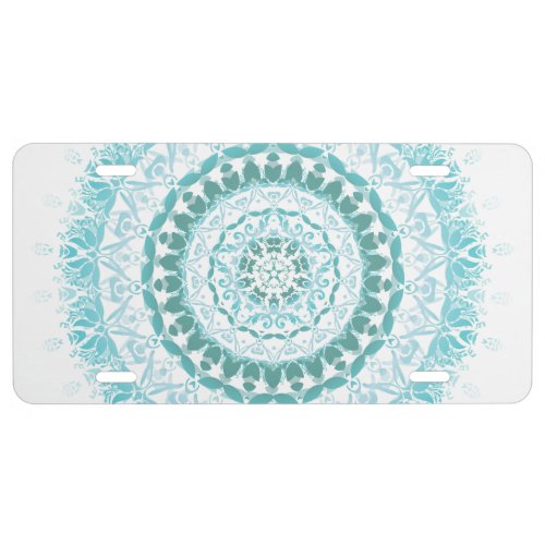 Turquoise White Damask Mandala License Plate