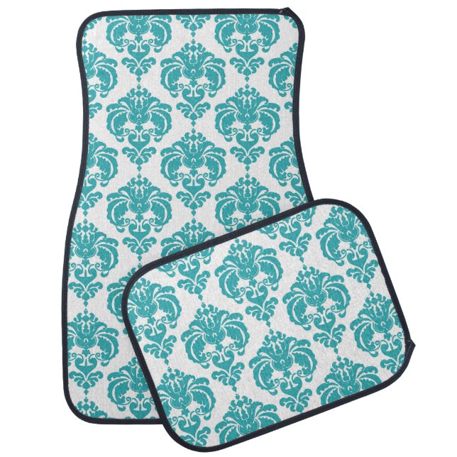 Turquoise White Damask Modern Trendy Pattern Glam Car Mat (Set)