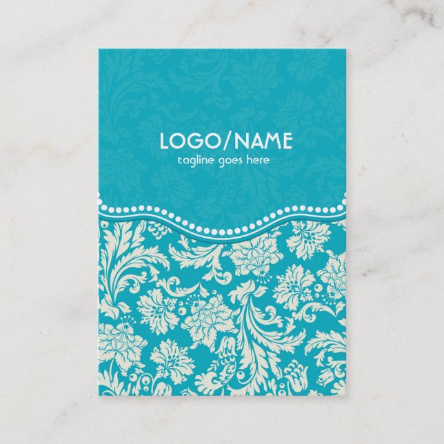Turquoise & White Floral Damasks 2-Customized Business Card (Front)