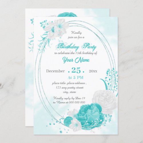 turquoise white floral geometric birthday party invitation