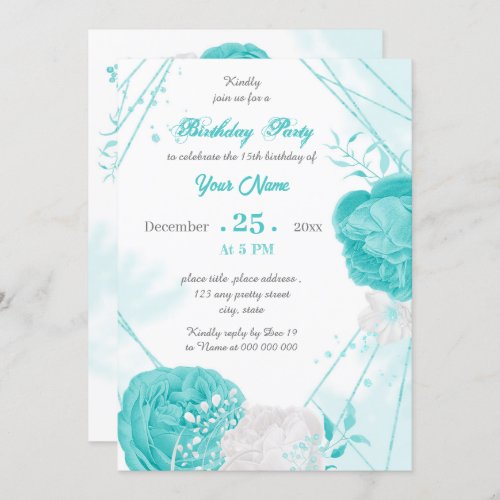 turquoise white floral geometric birthday party invitation