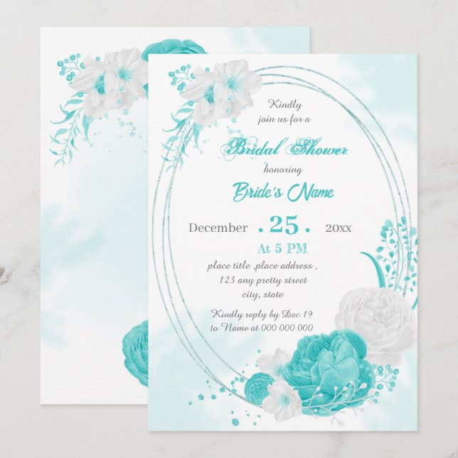 turquoise white floral geometric bridal shower invitation (Front/Back)