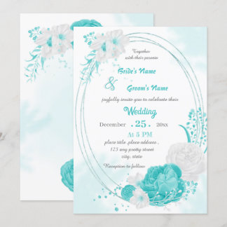 turquoise white floral geometric wedding invitation