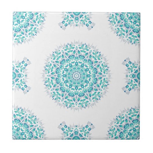 Turquoise White Floral Mandala Geometric Pattern Ceramic Tile