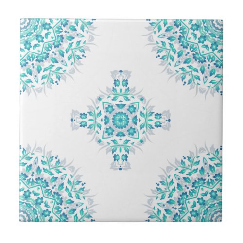 Turquoise White Floral Mandala Geometric Pattern Ceramic Tile