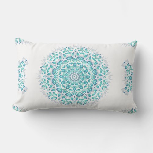 Turquoise White Floral Mandala Geometric Pattern Outdoor Pillow