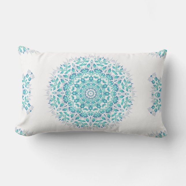 Turquoise White Floral Mandala Geometric Pattern Outdoor Pillow (Front)