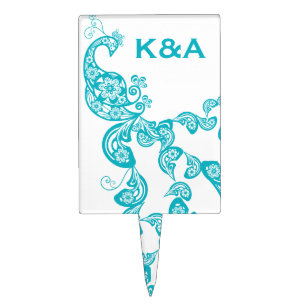 Turquoise White Floral Peacock Paisley Wedding Cake Topper