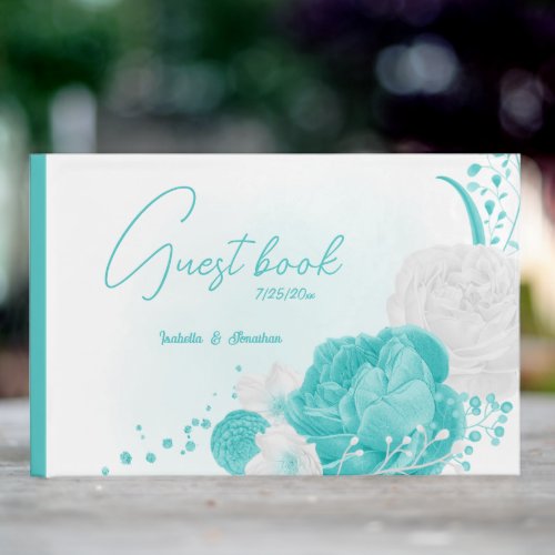 turquoise white floral wedding guest book