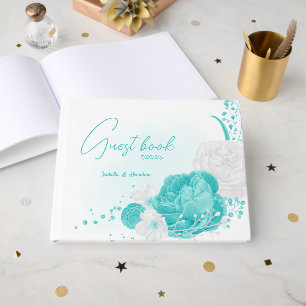turquoise white floral wedding guest book