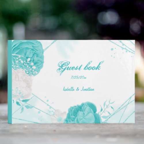 turquoise white floral wedding  guest book
