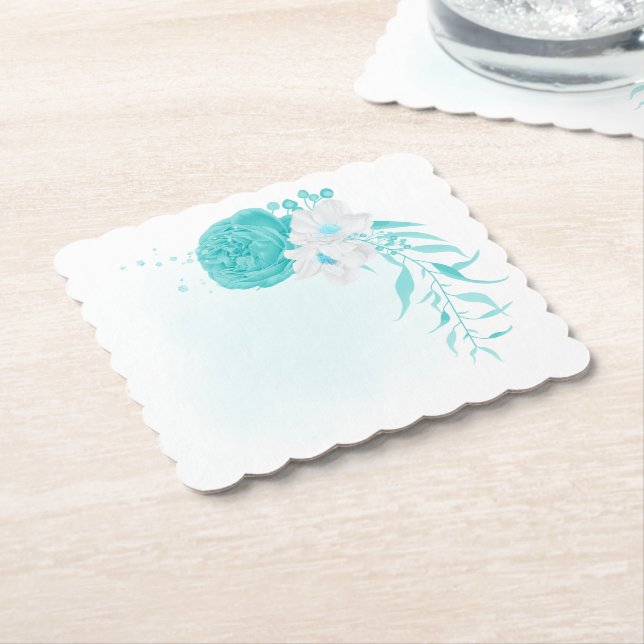 turquoise white floral wedding paper coaster (Angled)