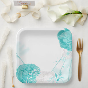turquoise white floral wedding paper plates