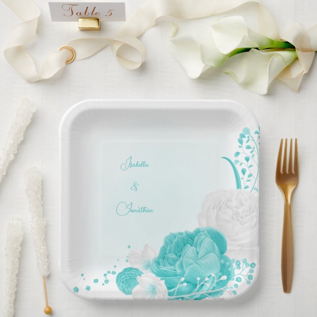 turquoise white floral wedding paper plates (Wedding)