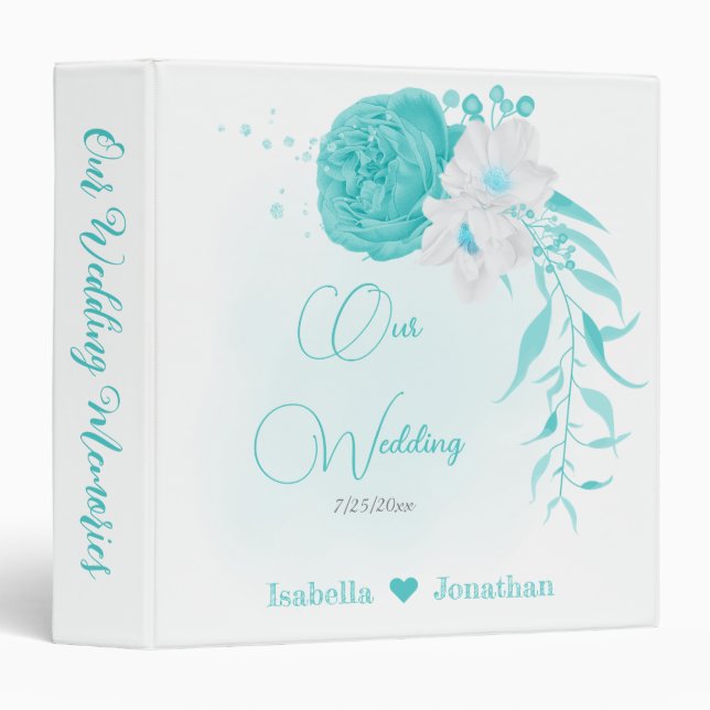 turquoise white floral wedding photo album 3 ring binder (Front/Spine)