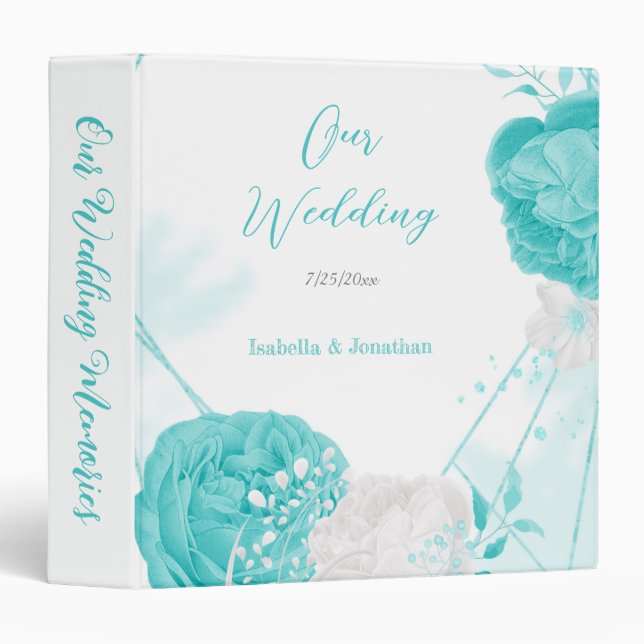 turquoise white floral wedding photo album 3 ring binder (Front/Spine)