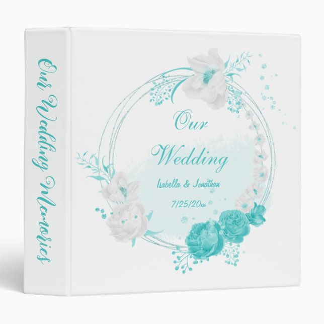 turquoise white floral wedding photo album 3 ring binder (Front/Spine)