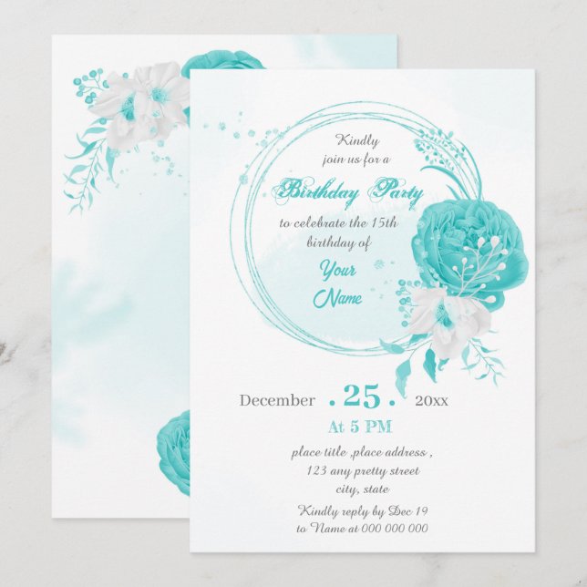turquoise white floral wreath birthday party invitation (Front/Back)