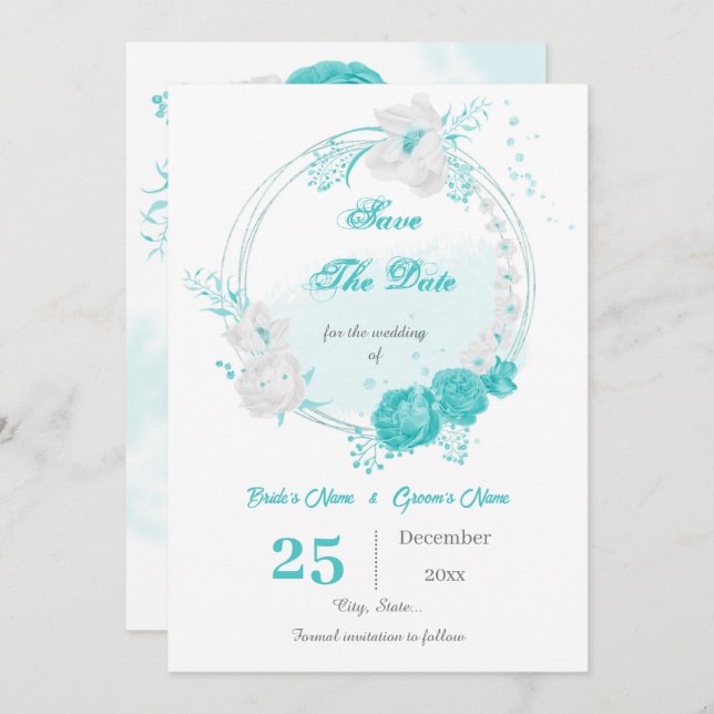 turquoise white floral wreath  save the date (Front/Back)