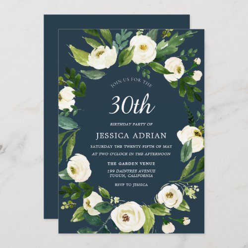 Turquoise White Flower 30th Birthday Invite