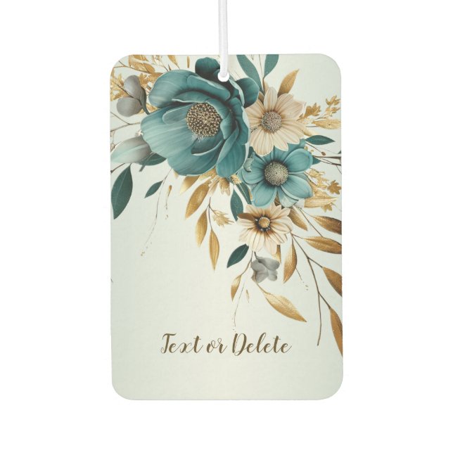 Turquoise White Flower Golden Leaves Elegant Air Freshener (Front)