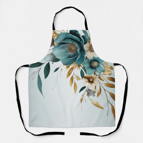 Turquoise White Flower Golden Leaves Elegant Apron