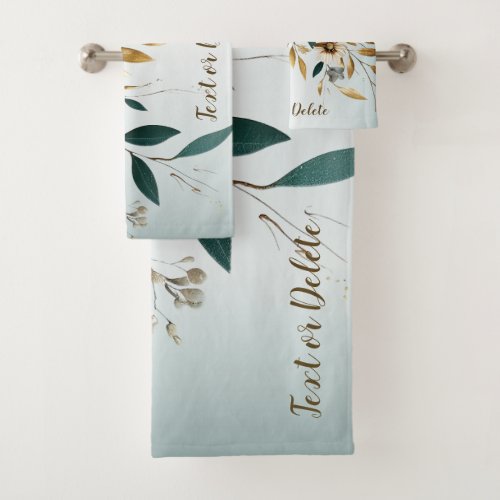 Turquoise White Flower Golden Leaves Elegant Bath Towel Set