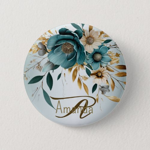Turquoise White Flower Golden Leaves Elegant Button