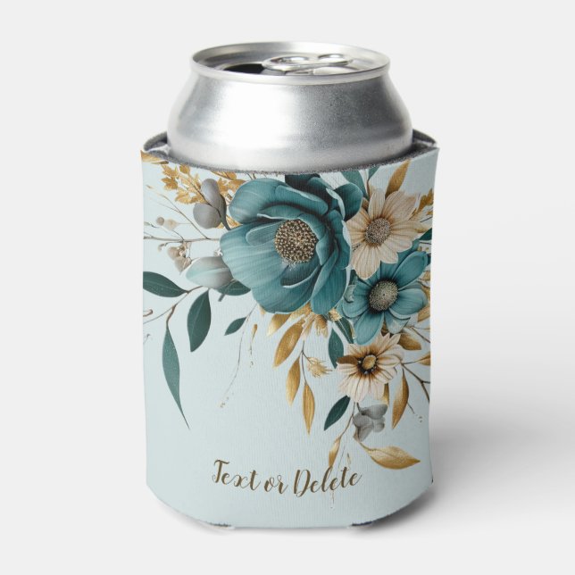 Turquoise White Flower Golden Leaves Elegant Can Cooler (Can Front)