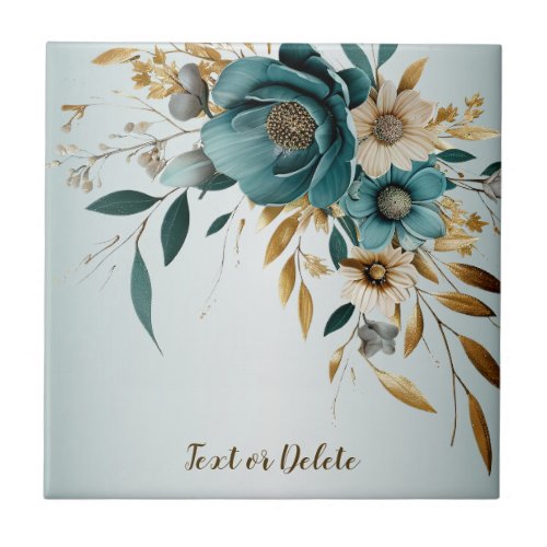 Turquoise White Flower Golden Leaves Elegant Ceramic Tile